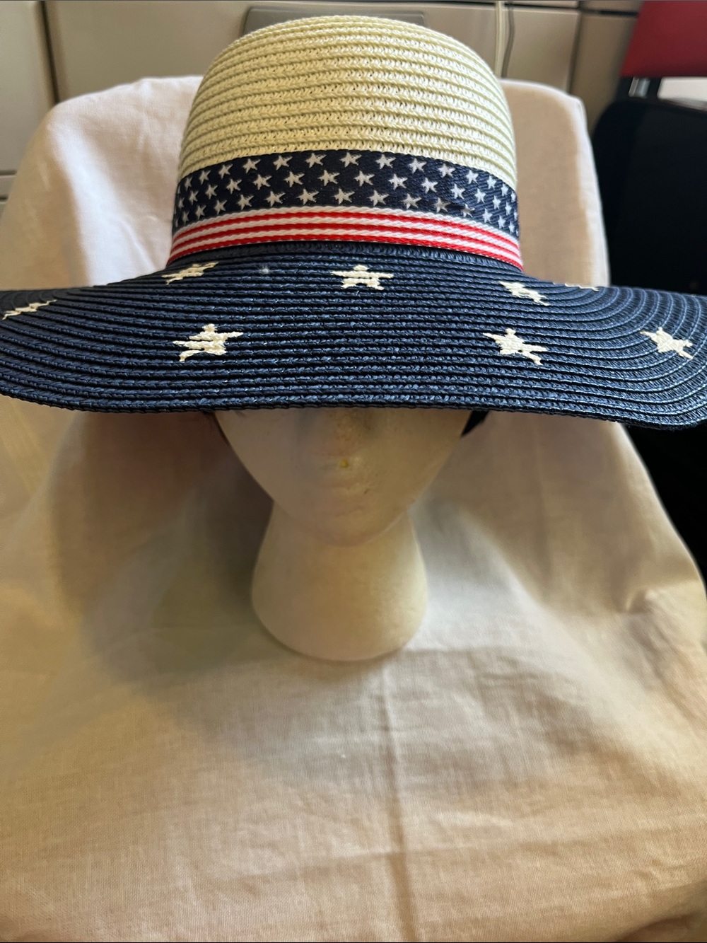 Wide-Brim Straw Sun Hat with Stars and Stripes Trim - Navy & Natural